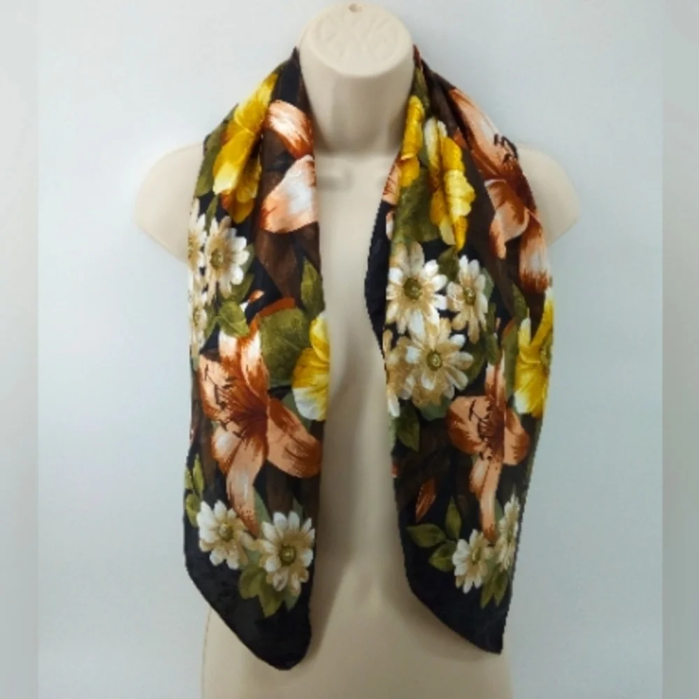 Vintage Square Floral Neck Scarf Satin Style Flowers Black Made in Korea